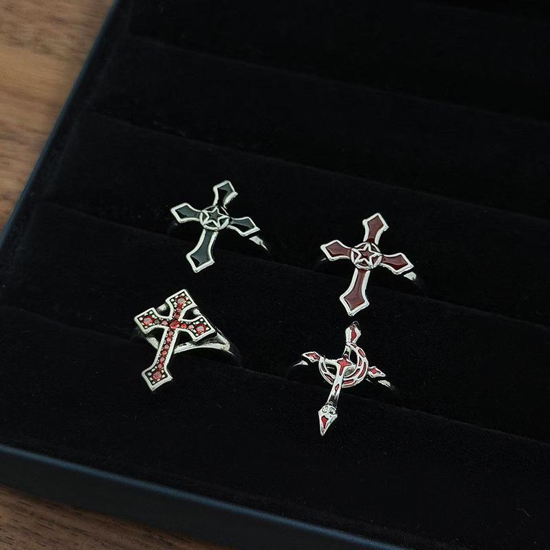 Punk Spice Girl Red Cross Zircon Fashion Opening Ring Kusa Enamel Neutral Style Personality Simple Ring