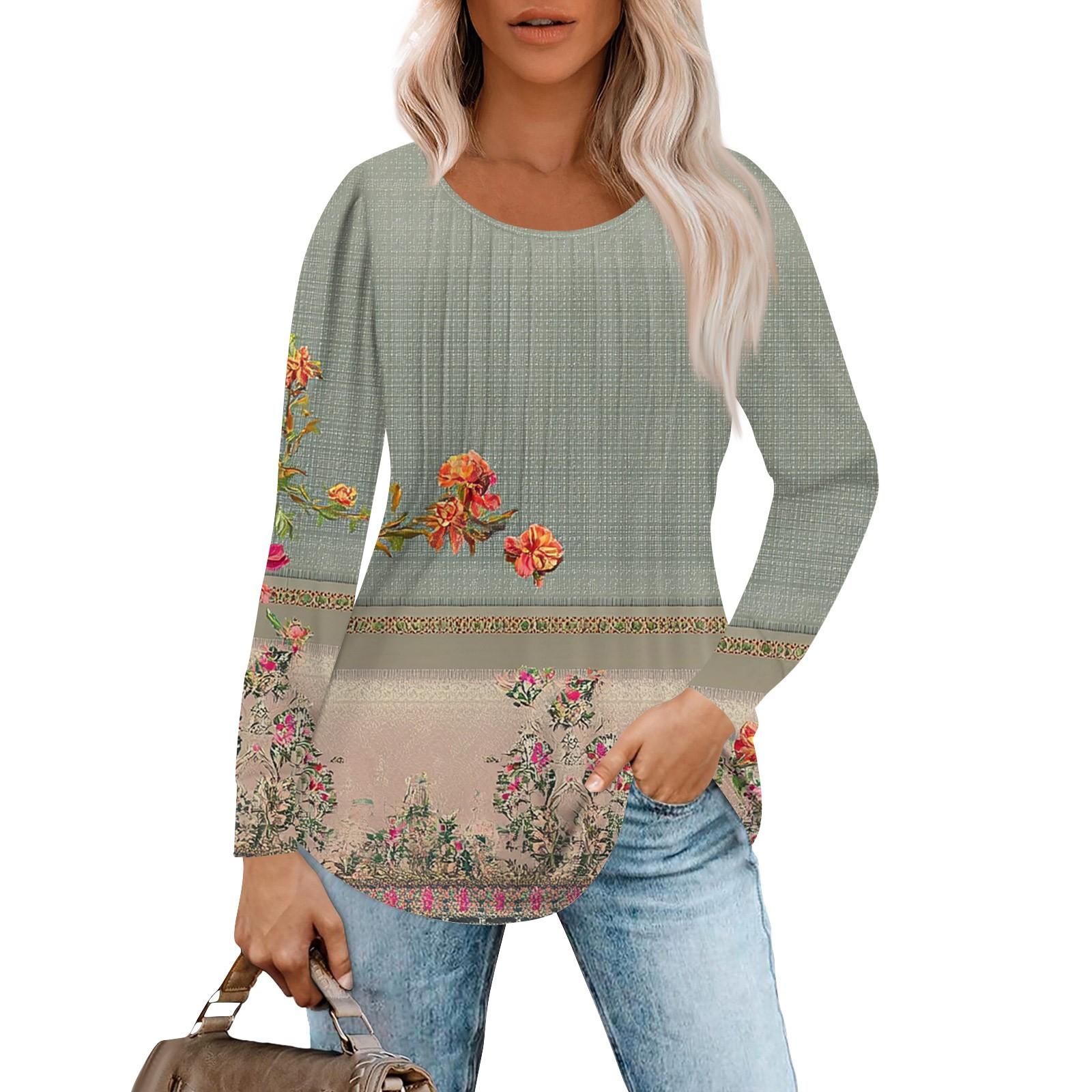 

Женская модная повседневная плиссированная футболка с круглым вырезом и принтом, с длинным рукавом XXXL