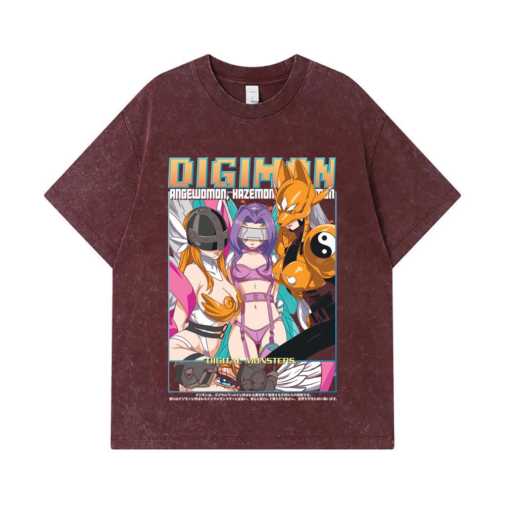 275 GSM Washed T-shirts 100% Cotton Digimon V6 Waifus Print Unisex Heavy Cotton T Shirt