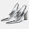 Women Cowhide High Thick Heel Sandals Rhinestone Slingbacks for Office Nightclub Party Pub Wedding Banquet Host Model Catwalk