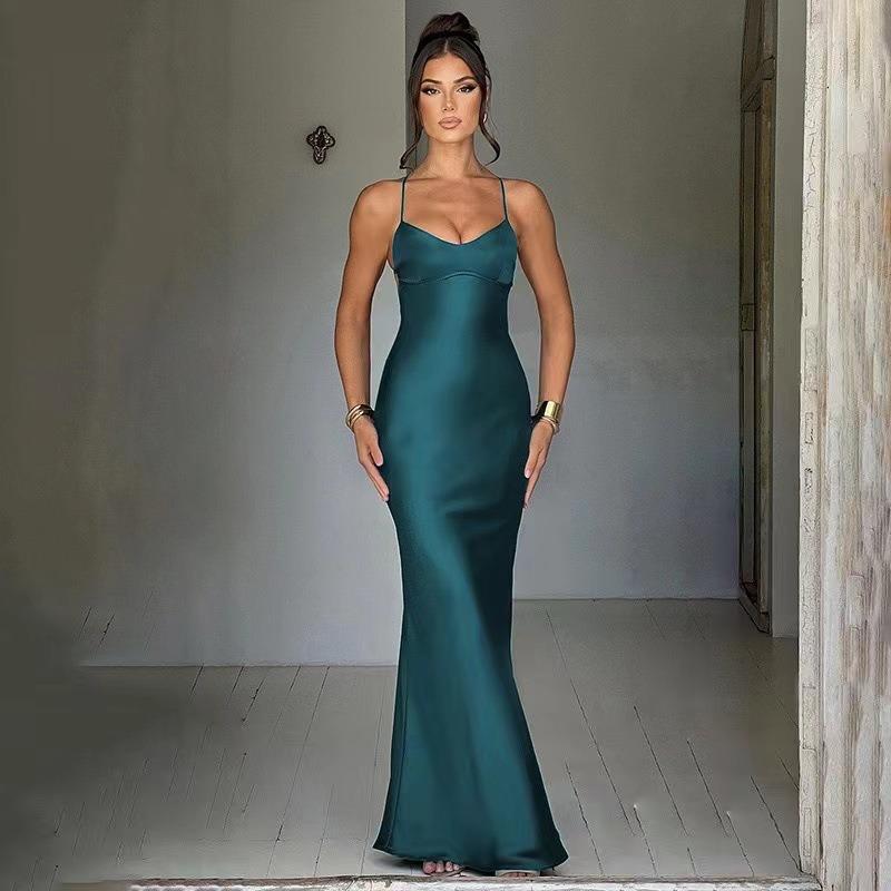 New Women's Sexy Suspender Satin Fashion Halter Strap Waist Evening Dress Dress