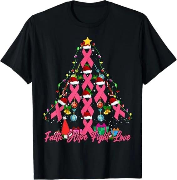 Men s and Women s T-shirts LIMITED Santa Pink Ribbon Christmas Tree Breast Cancer Awareness T-Shirt S-3XL XS