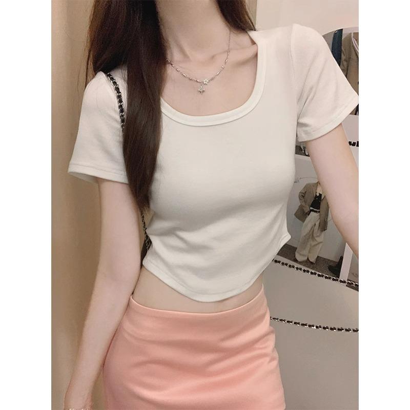 Summer New Solid Color Right Shoulder Exposed Collarbone Square Collar Short-sleeved T-shirt Simple Elastic Hem Curved Short Top