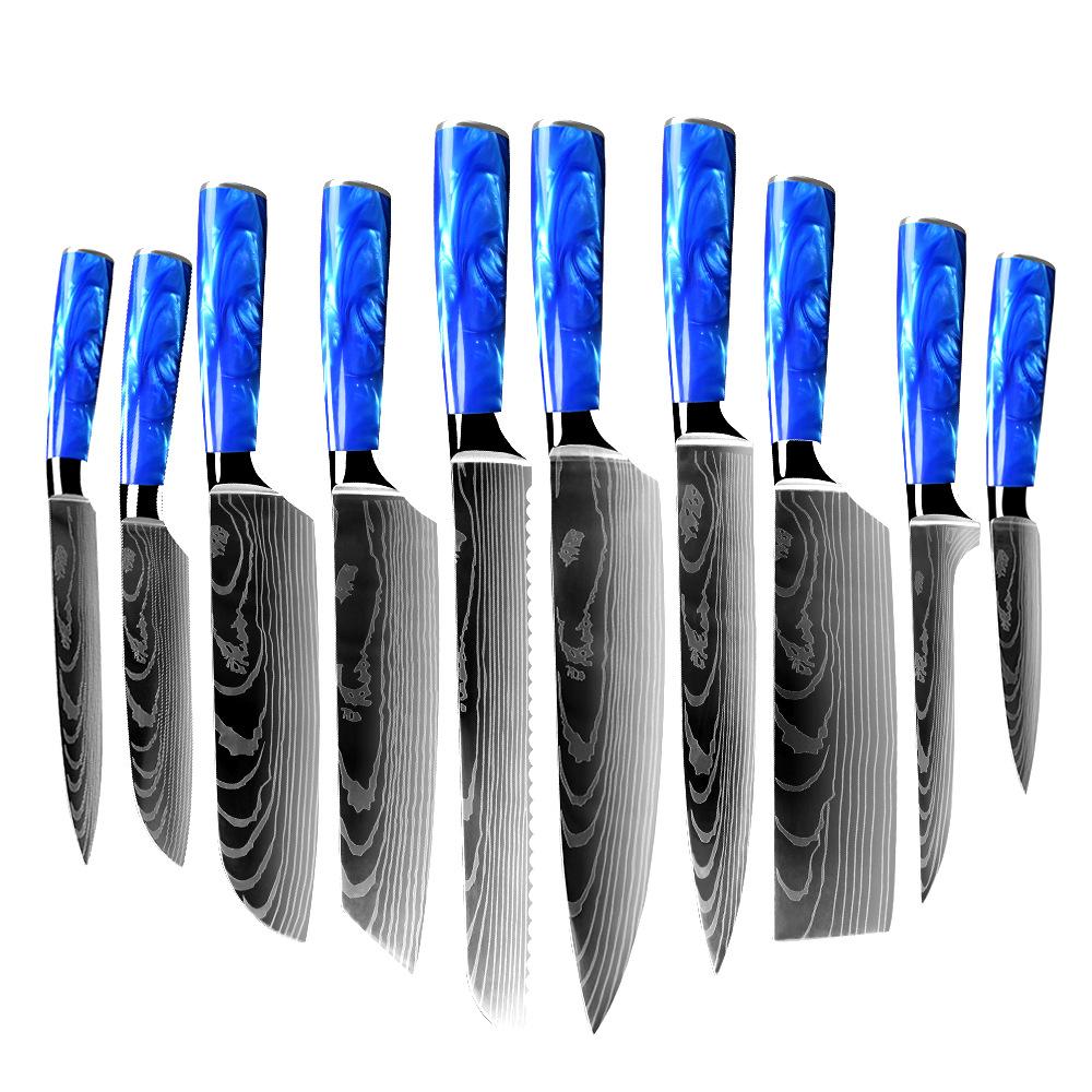 10pcs Stainless Steel Knife Set Blue Resin Handle Chef's Knife Kitchen Knife Japanese Knife Peel Knife