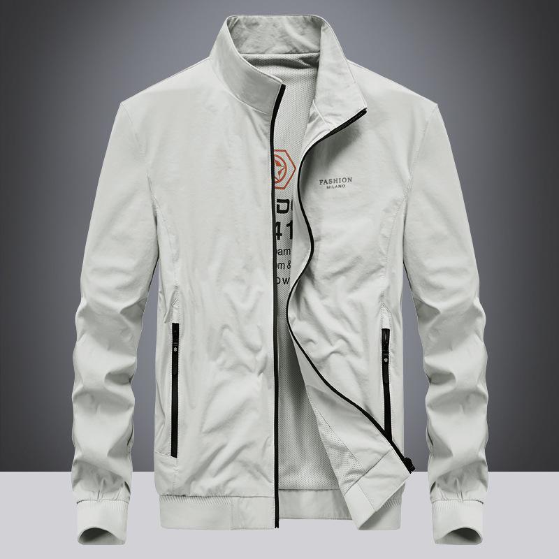 

New Men s Spring/Autumn Stand-Up Collar Thin Jacket, Solid Color, Plus Size, Casual Coat (Model 20855) 3XL белый