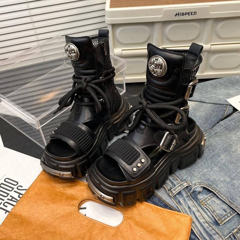 Fashion Women's Fashion Summer Cool Boots Metal Belt Buckle Retro Womens Sandal Platform Hollow Out Punk Belt Buckle Sandals Botas Mujer