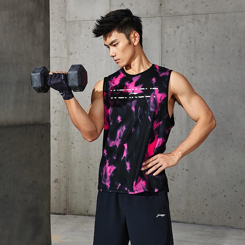 Li-Ning Reflective Quick-Dry Cool Antibacterial Tie-Dye Fitness Vest Men Tops Black Pink AVSS017-2