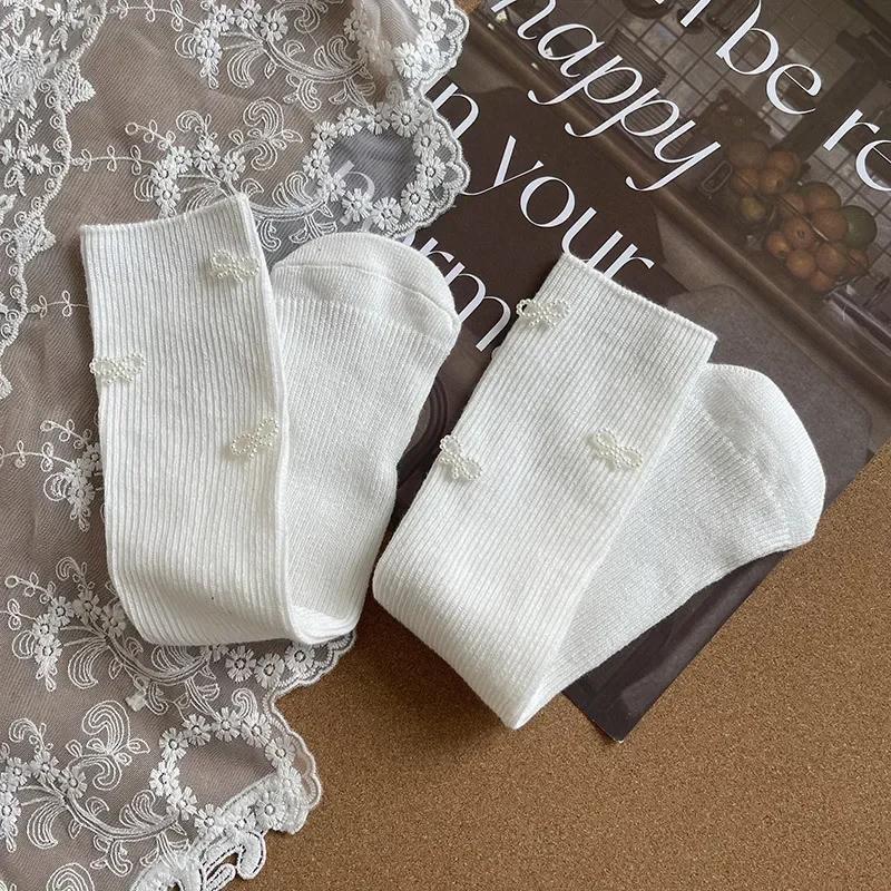 

1 пара модных детских носков из телячьей шерсти, креативный дизайн, однотонные детские носки с жемчужным бантом, весна-осень, мягкие хлопковые носки