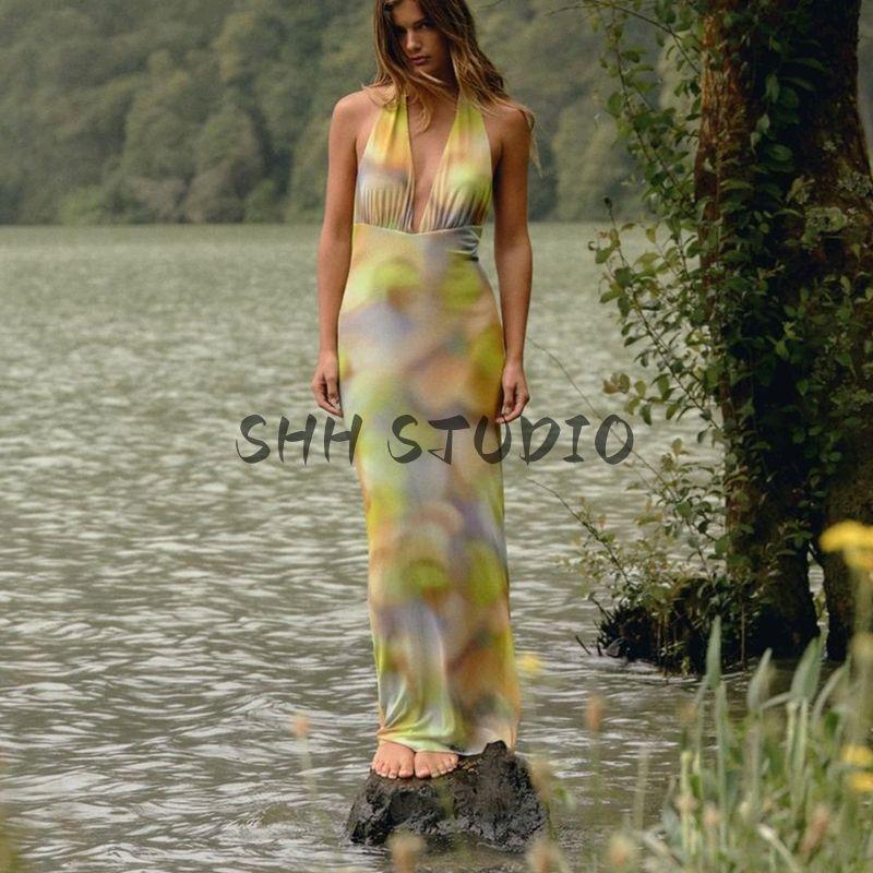 Summer New Product Women's Clothes French Print Silk Net Hanging Collar Midi Skirt Dress 8022361 3152238