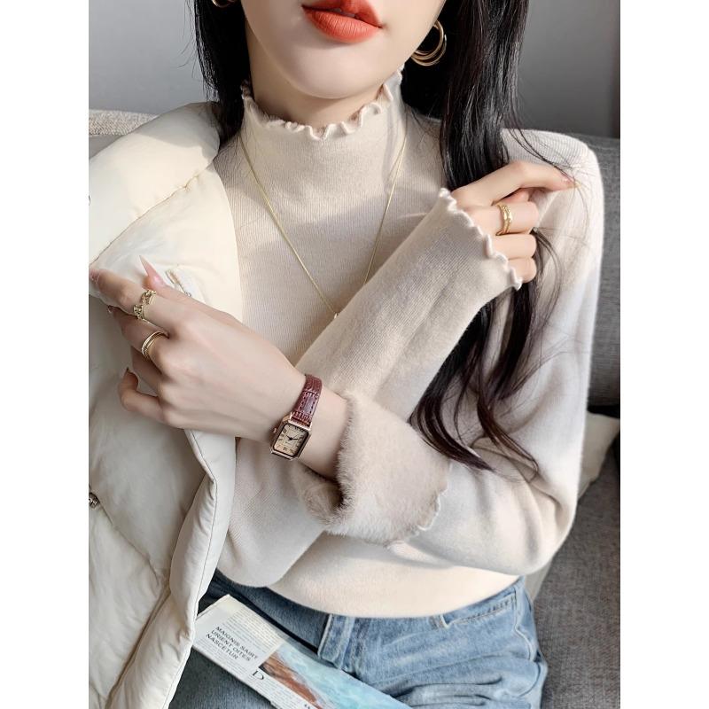 Semi-turtleneck thickened integrated fleece warm sweater women's winter design sense fungus edge inner top knitted bottoming shirt