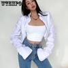 Girl's Spring Korean Style Long Sleeve Blue White Shirts Women Button Cropped Tops Polo Collar Blouses Streetwear