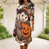 Women Plus Size Round Neck Long Sleeve Halloween Sloth Printed White A Line Dress