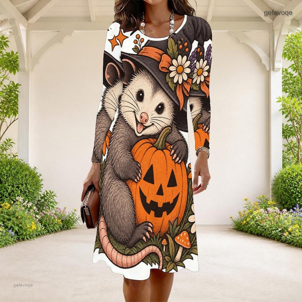 Women Plus Size Round Neck Long Sleeve Halloween Sloth Printed White A Line Dress