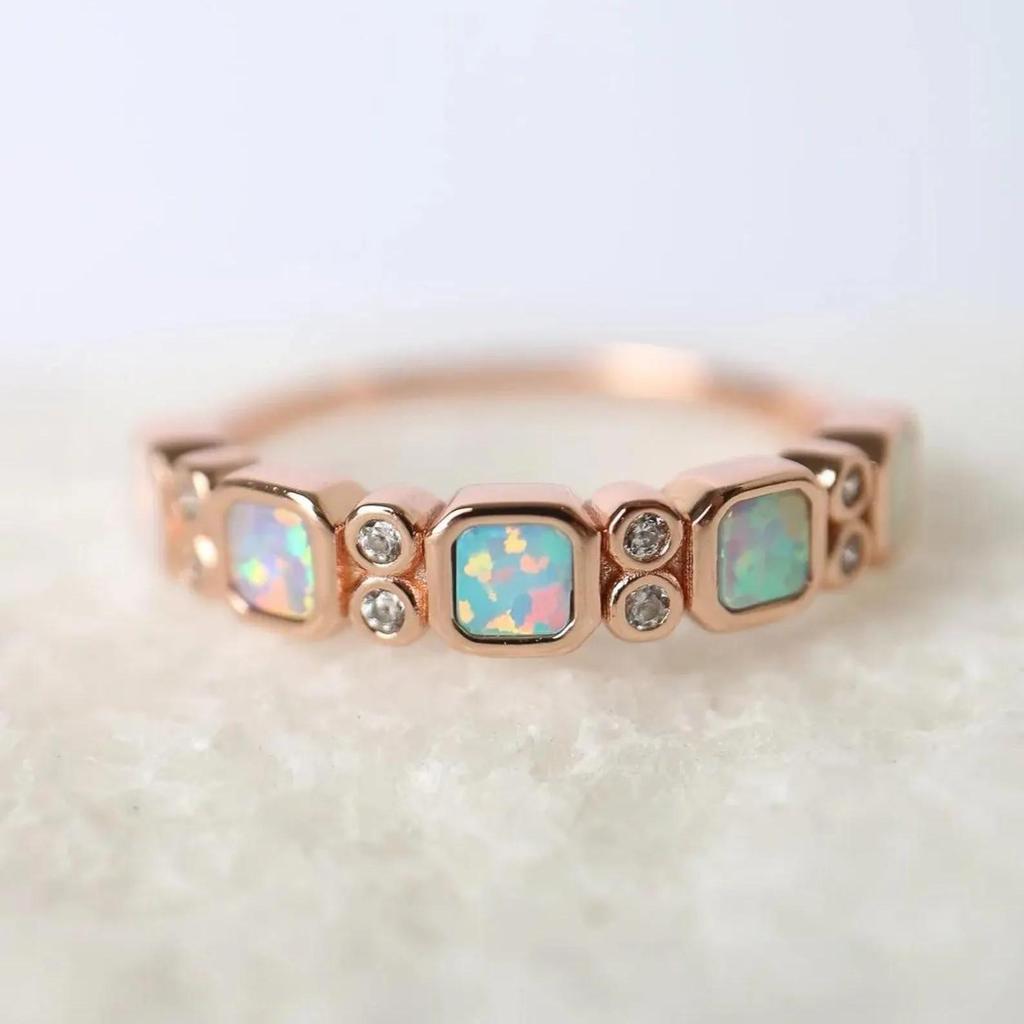 Princess Cut White Opal Ring: Rose Gold Plated Round Cubic Zirconia Wedding Band: Art Deco Bridal Jewelry Gift for Her