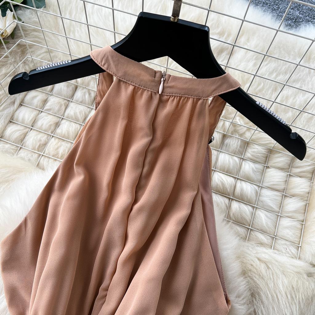 Été Femmes Luxe Diamants Sans Manches Uni Mousseline Vacances Plage Long Maxi Grande Évasée Débardeurs