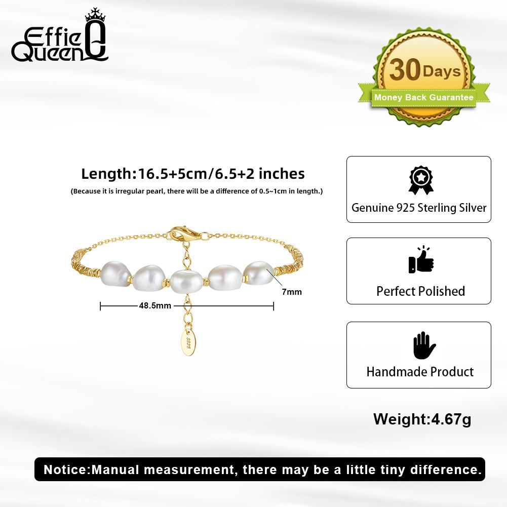 EFFIE QUEEN 925 Pure Silver 14k Gold Baroque Pearl Nugget Chain Bracelet Natural Jewelry for Women Wedding Party Banquet GPB38