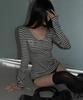 AYAJEUAENSEI Jube Stripe V-Neck Slim Top (Black)