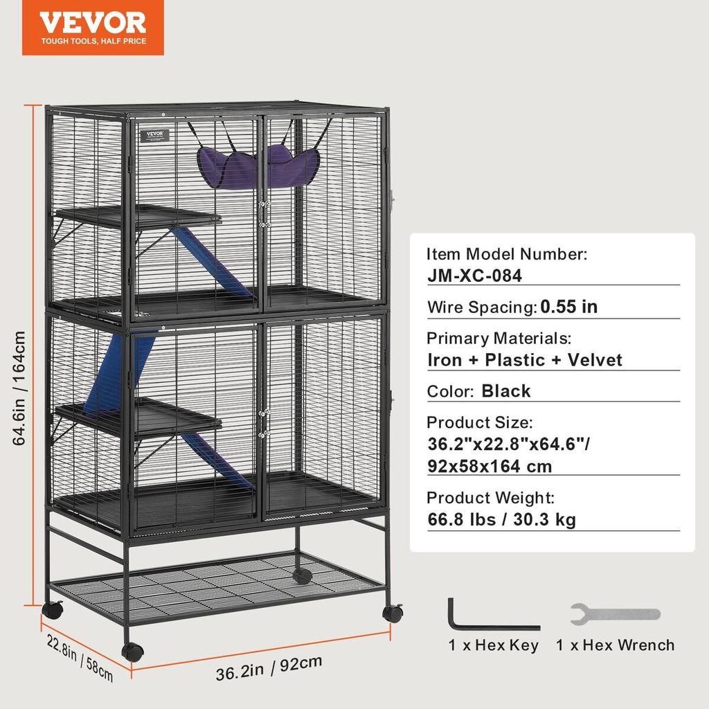 64.6" Metal Small Animal Cage 4-Tier Rolling Ferret Cage with Tray 3 Ramps