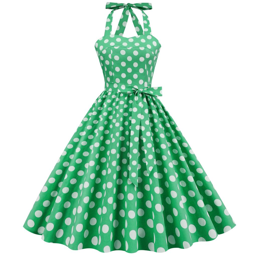 Retro-Pünktchen-Schnür-Neckholder-Ausgestelltes Ballkleid Performance-Kleid, Bohème-Stil