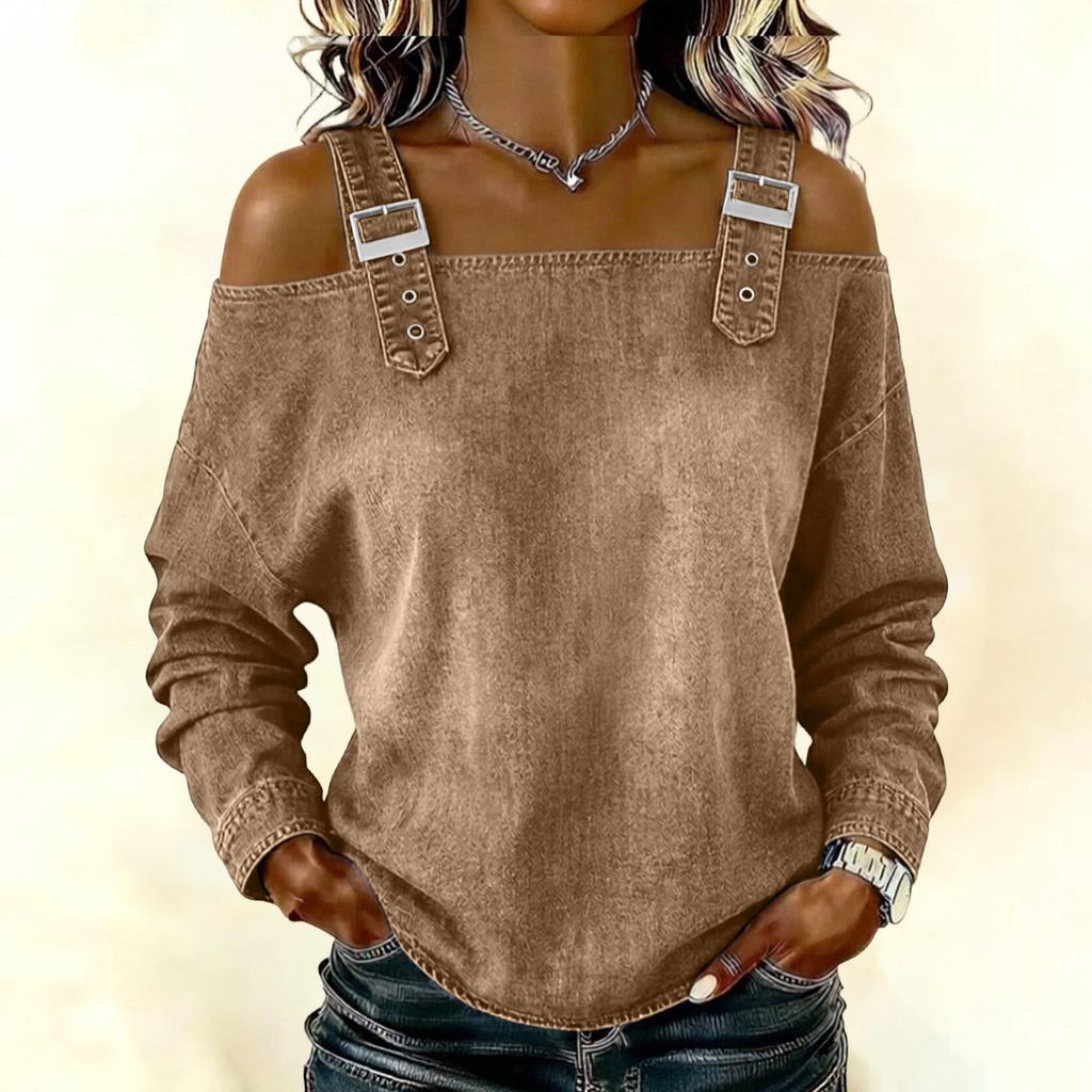 Women's Elegant And Versatile Off-the-shoulder Long-sleeved Top With Shoulder Straps.