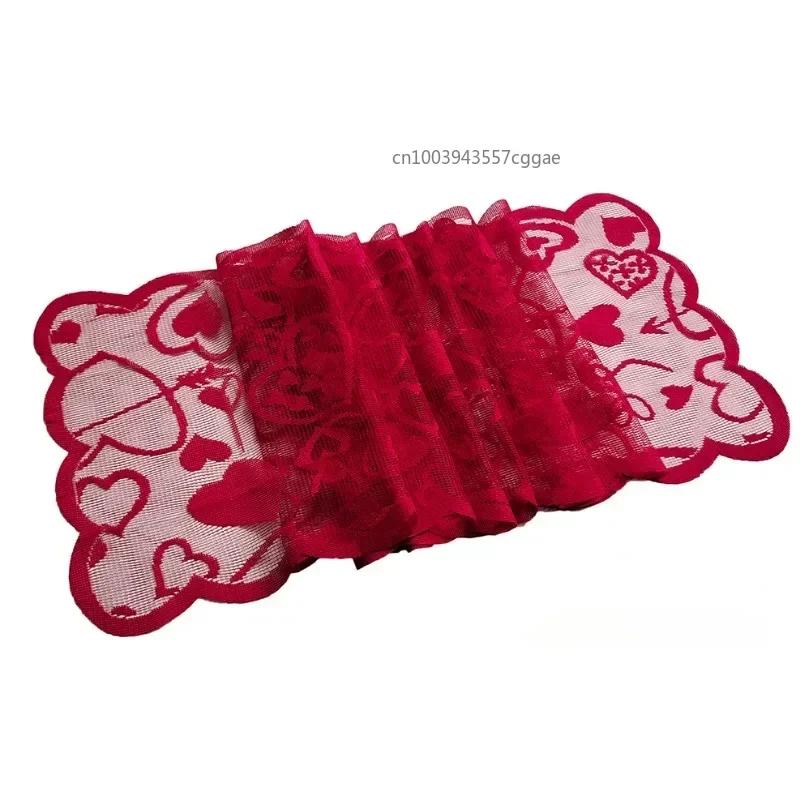 Valentines Day Decor Home Romantic Decorations Heart Shaped Table Runner,Red Lace Table Runner For Wedding Party