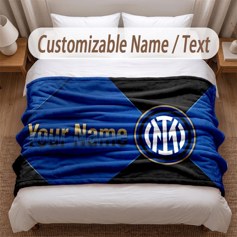 Inter Milan Printed Flannel Blanket Custom Name Text Soft Warm Throw For Bedroom Holiday Gift