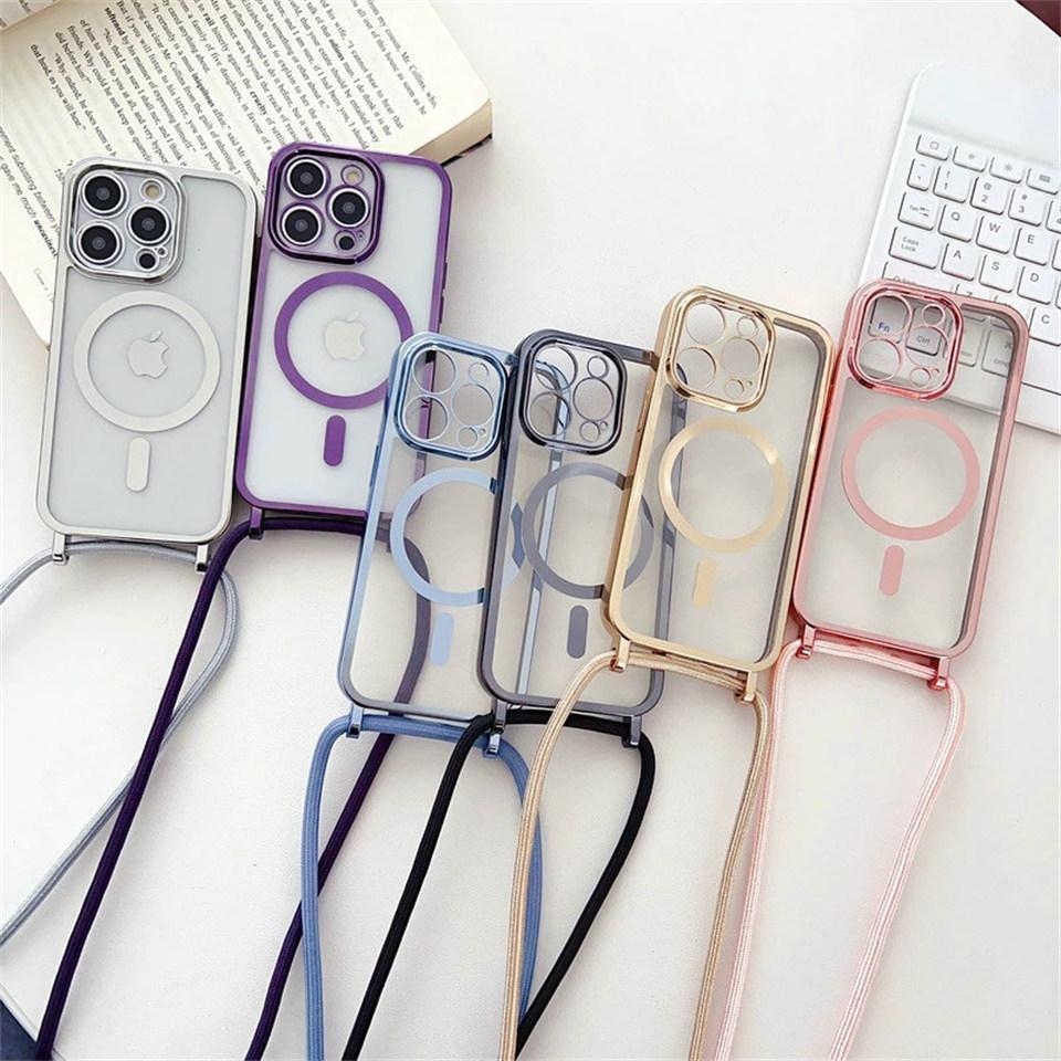 Luxusní šňůrka na krk Lanyard Pokovování Magnetický Průhledný Kryt na Telefon Pro iPhone 17 16 15 14 13 12 Pro Max 11 Pro Magsafe Měkký Kryt