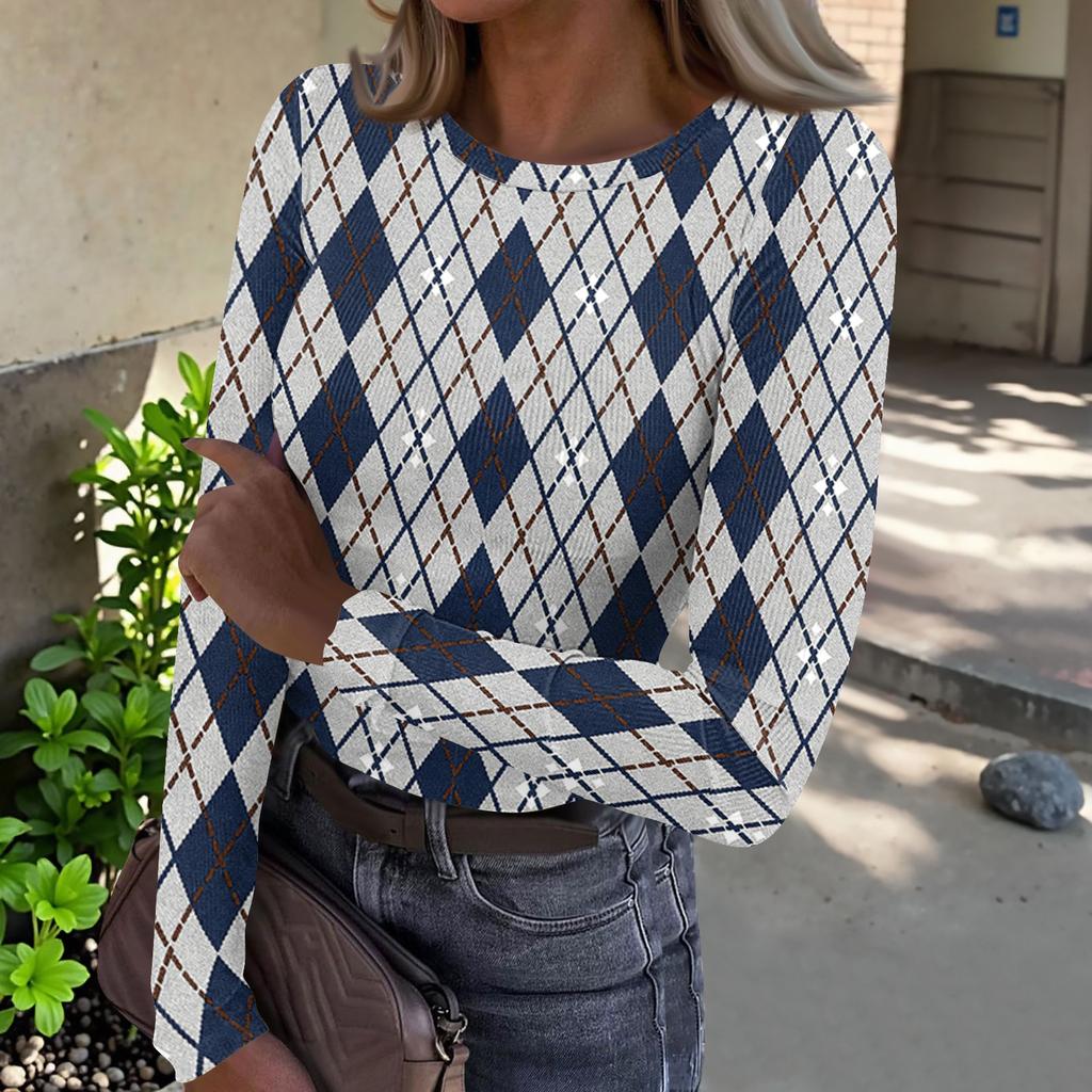 Women's Casual Neck Plaid Print Long Sleeve Ribbed Knit Top for Everyday Wear