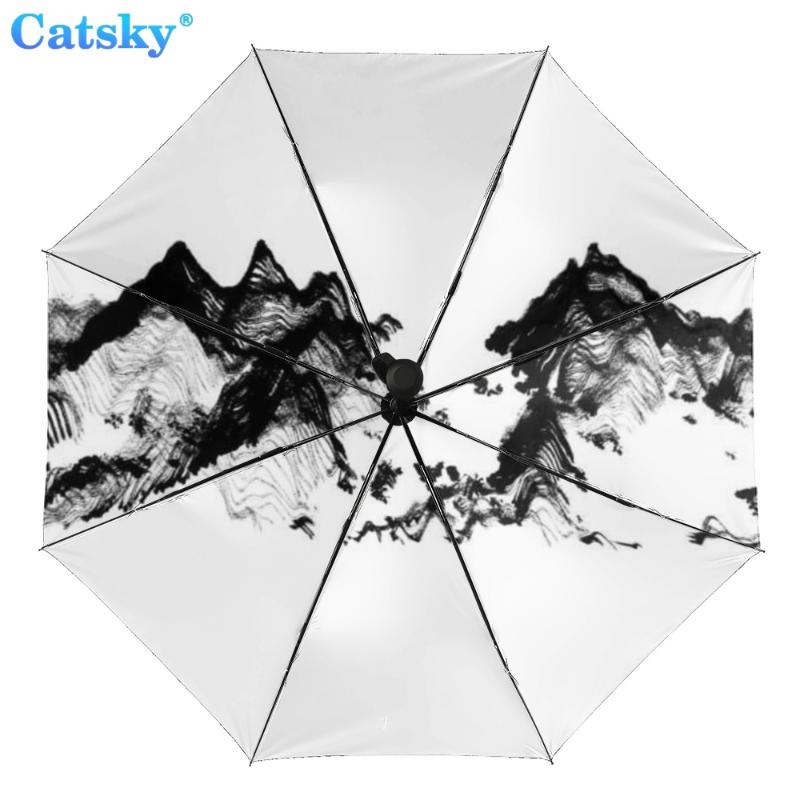 

Полностью автоматический трехстворчатый складной зонт с китайской росписью и черным покрытием, анти-УФ-защита от солнца, женский зонтик от дождя