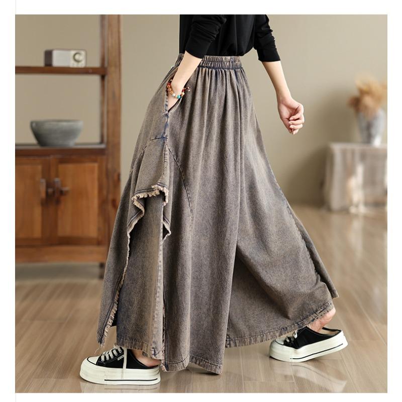 Autumn Winter Plus Size Women Jeans Long Pants Trousers Loose Wide Leg Pants Casual Denim Skirt Pants
