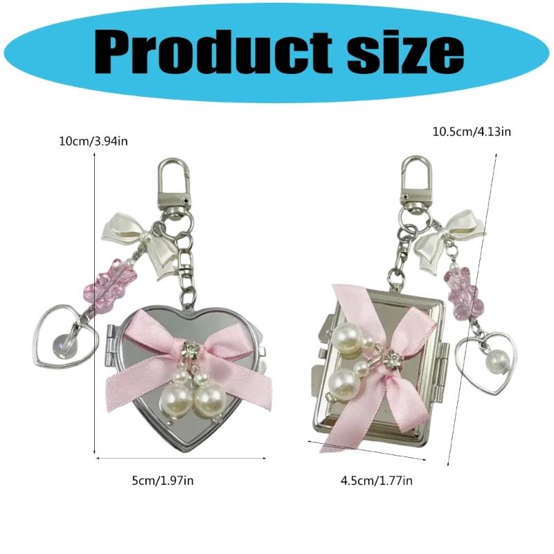 Cute Mirror Keychain Featuring Colorful Bowknot and Heart Design Portable Size Hanging Decoration for Quick Makeup