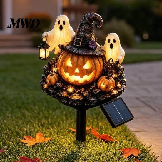 Halloween Porch Lighting Solar Pumpkin Garden Stake Light, Waterproof LED Yard Decoration with Automatic Dusk To Dawn Light Wizard Hat And Ghost,