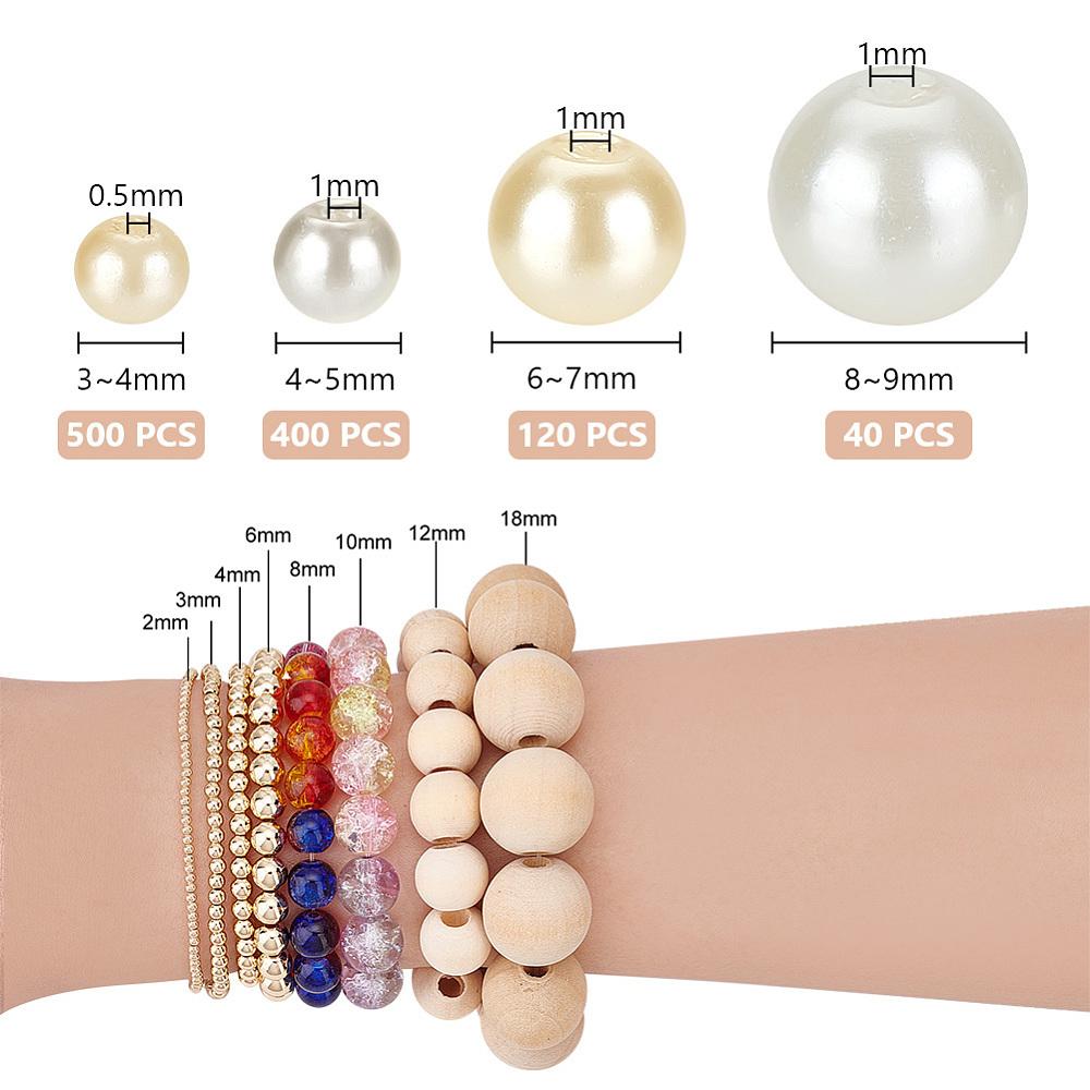 1060Pcs 4 Style Glass Pearl Beads Round Mixed Color 3~9mm Hole: 0.5~0.1mm