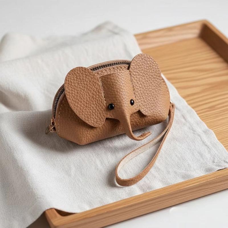 Multifunctional PU Leather Coin Purse Elephant Mini Bag Women Card Holder Key Ring Portable for Work Commute