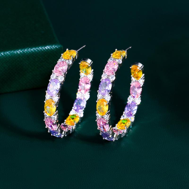 Light Luxury And Colorful Candy C-Shaped Earrings, Rainbow Zircon Circle Earrings, Shining Color Matching Earrings.