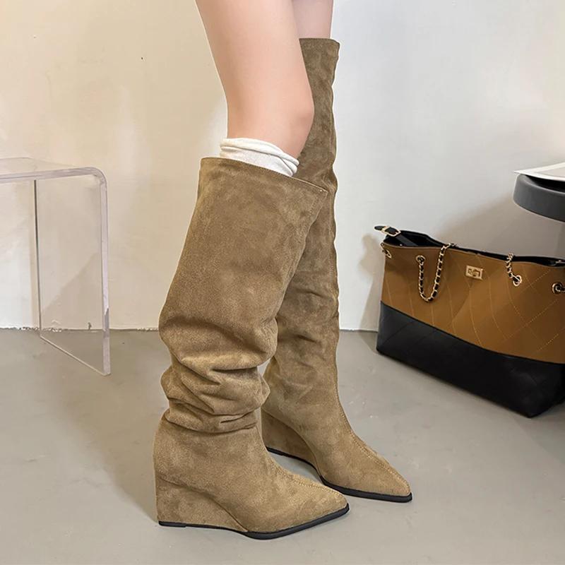 Wedges Women's High Boots High Heels Fad Pointed Toe Shoes  Luxury Pumps Long Boots New Elegant Dress Chelsea Mujer Botas