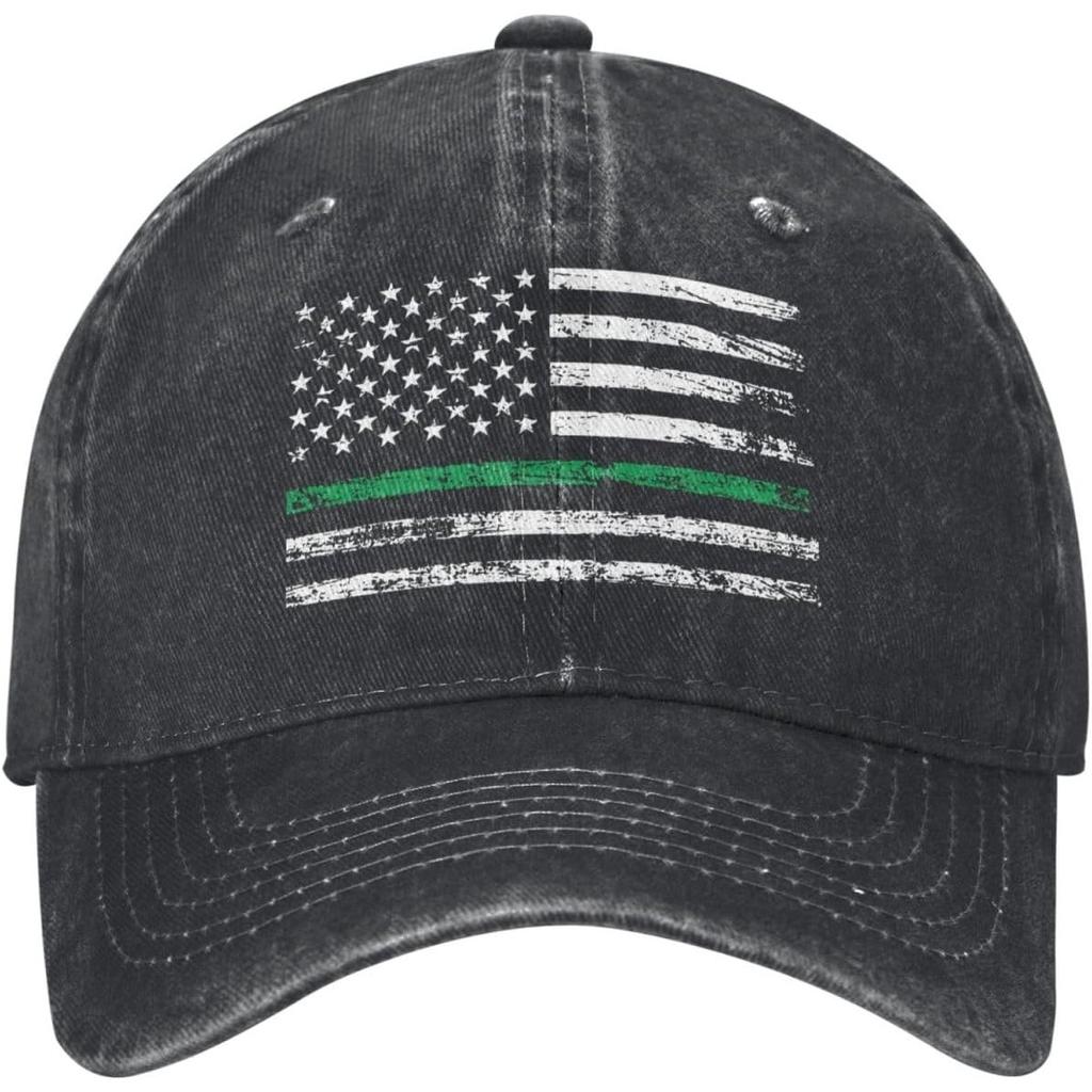 Thin Green Line American Flag Baseball Cap Distressed Washed Denim Style Adjustable Dad Hat