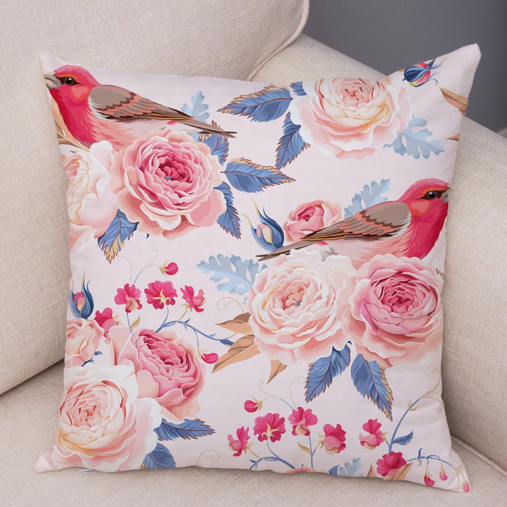 Nordicstyle Roses and Birds Cushion Cover Double Print Decor Plant Pillow Case Soft Plush Pillowcase for Sofa Home Children Room