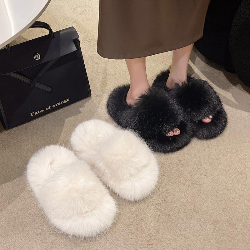Aphixta Luxury Long Plush Furry Slipper Black Concise Women Indoor Bedroom Slippers Flat Heel Hair Slippers Round Toe Footwear