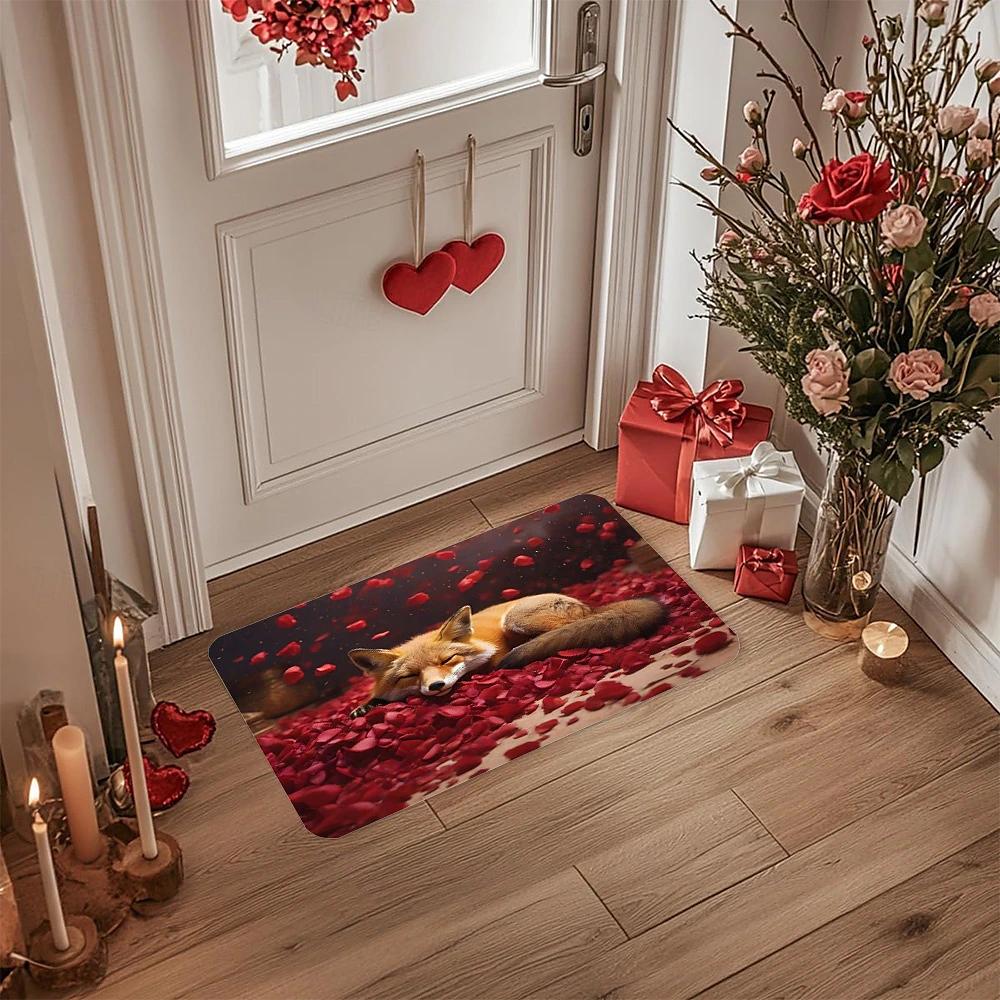Valentine's Day Floor Mat Entrance Doormat Cute Flower Fox Area Rug Non-Slip Carpet for Bedroom Living Room Hallway Home Decor