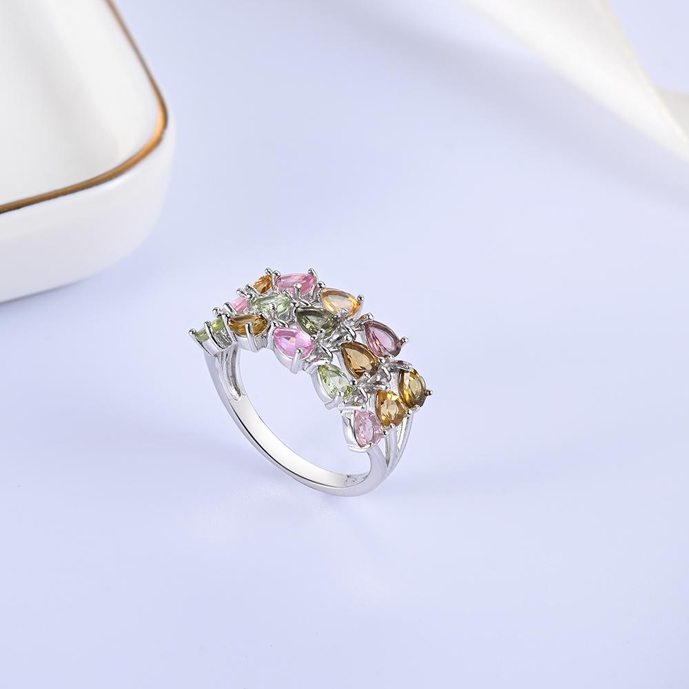 Anillo de turmalina multicolor natural de lujo S925 plata ligera tendencia de lujo mujeres compromiso, banquete y aniversario regalo