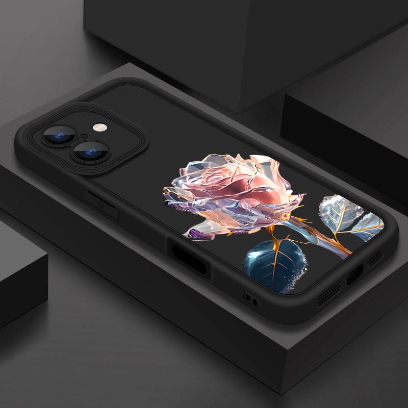 Pink Crystal Rose Pattern Shockproof Phone Case for iPhone 16 15 14 Plus 13 12 11 Pro Max Xs Xr 8 7 Matte Tpu Soft Lens Protection Anti-Fall Cover