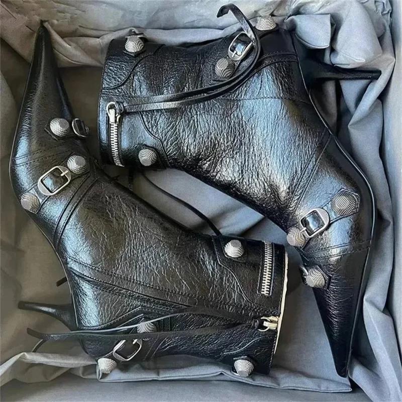 Fashion Hot Sales High Thin Heeled Ankle Boots for Women Metal Decor Rivet Fringed Zip Ppinted Toed Motorcycle Lady Booties Women Shoes