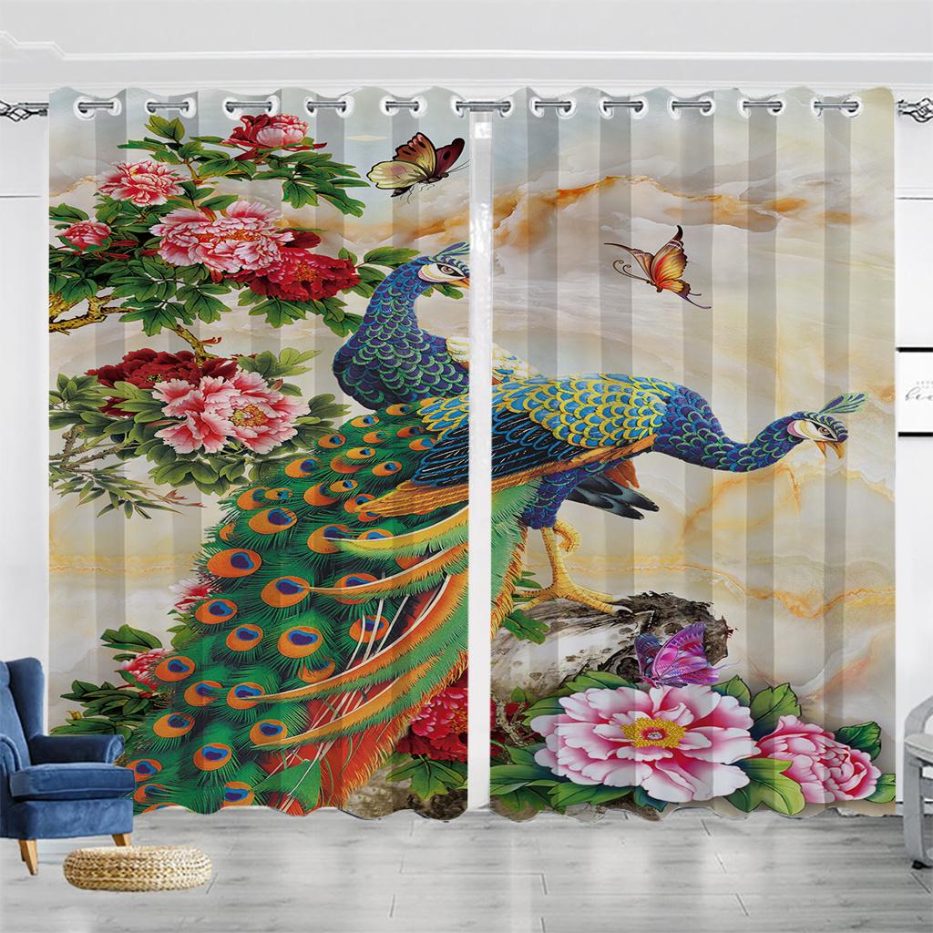 Auspicious Peacock Pattern Digital Printed Curtain Master Room Decorated with 90 Grams Polyester Fiber Curtain Fabric Two Panels