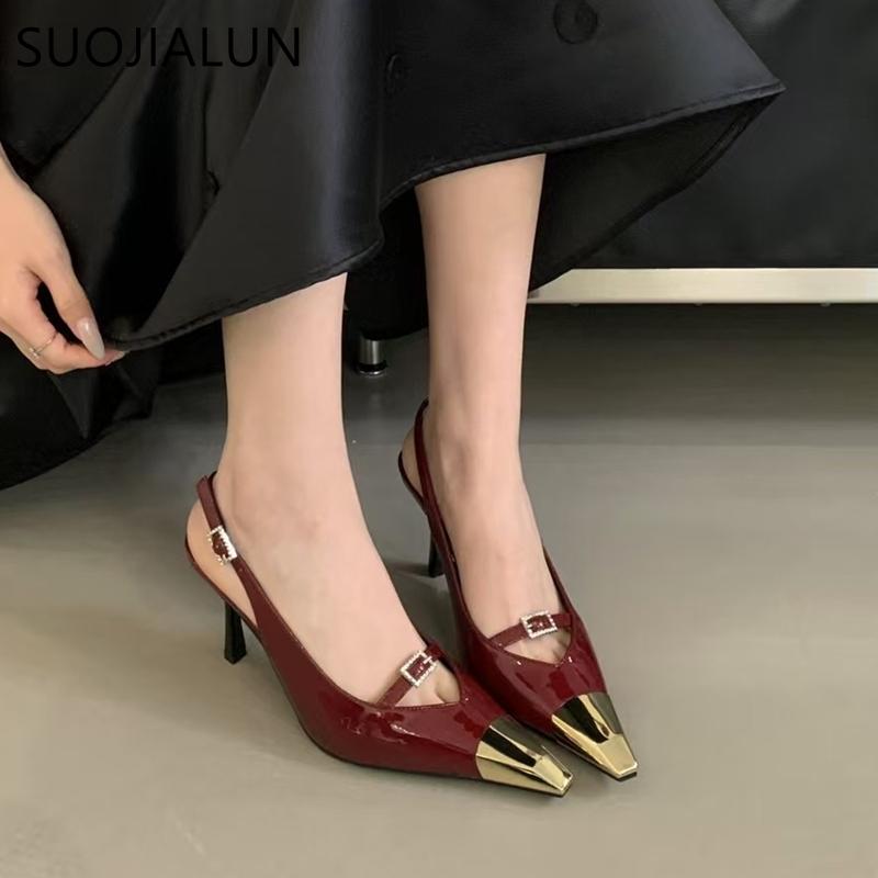 Fashion SUOJIALUN New Women Pumps Shoes Fashion Mix Color Ladies Eelgant Sandal Shoes Pointed Toe Thin High Heel Dress Slingback Shoes