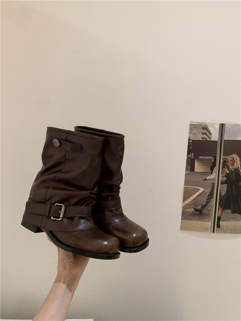 

Coarse heel suede trouser tube boots sleeve short boots women s shoes 2025 autumn and winter new Korean version belt buckle short knight boots women 39