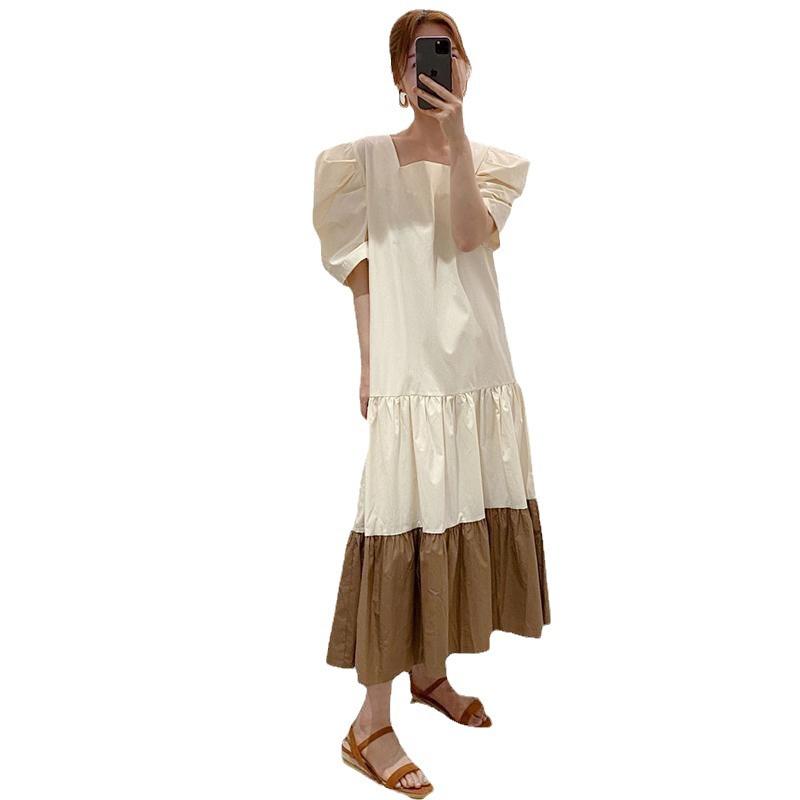 Chic French retro square collar contrasting color splicing hem design loose bubble sleeve dress long dress female tide