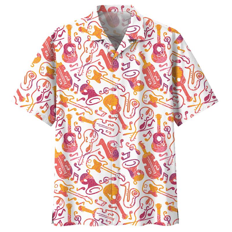 Saxophone Guitar Pattern Shirt For Men 3D Printed Musical Instrument Blouse Loose Lapel Short Sleeve Button Hawaiian Shirts