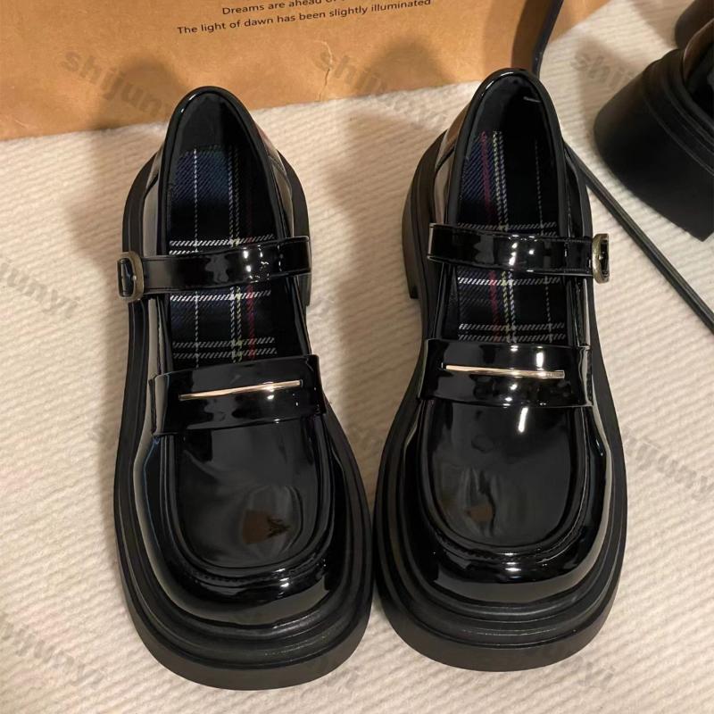 Fashion Women's New Fashion Buckle Women British Style Spring Autumn Mary Jane Shoes Round Toe Ladies Black Platform Casual Leather Shoe