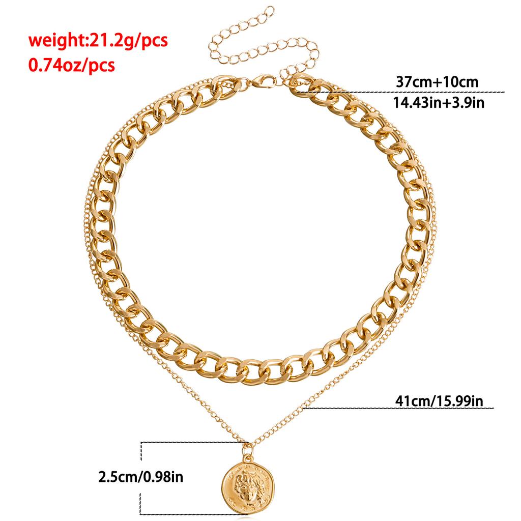 Hip-Hop Hipster Street Shot, Double-Layer Geometric Exaggeration Thick Aluminum Chain Beautiful Head Simple Portrait Coin Necklace Woman